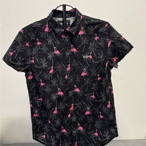 Hollister Flamingo Button Up Shirt XS | Black Tropical Short Sleeve Epic Flex